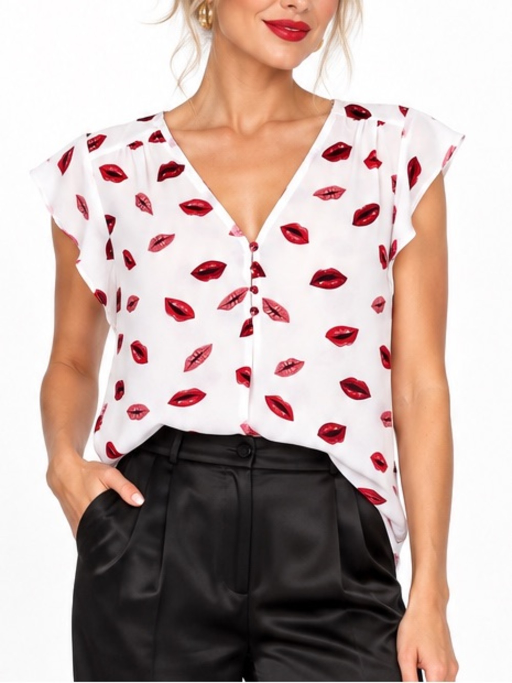 NWT Rachel Zoe Lipstick Lips Print Chiffon Blouse Top XS Novelty Pop Art Flirty